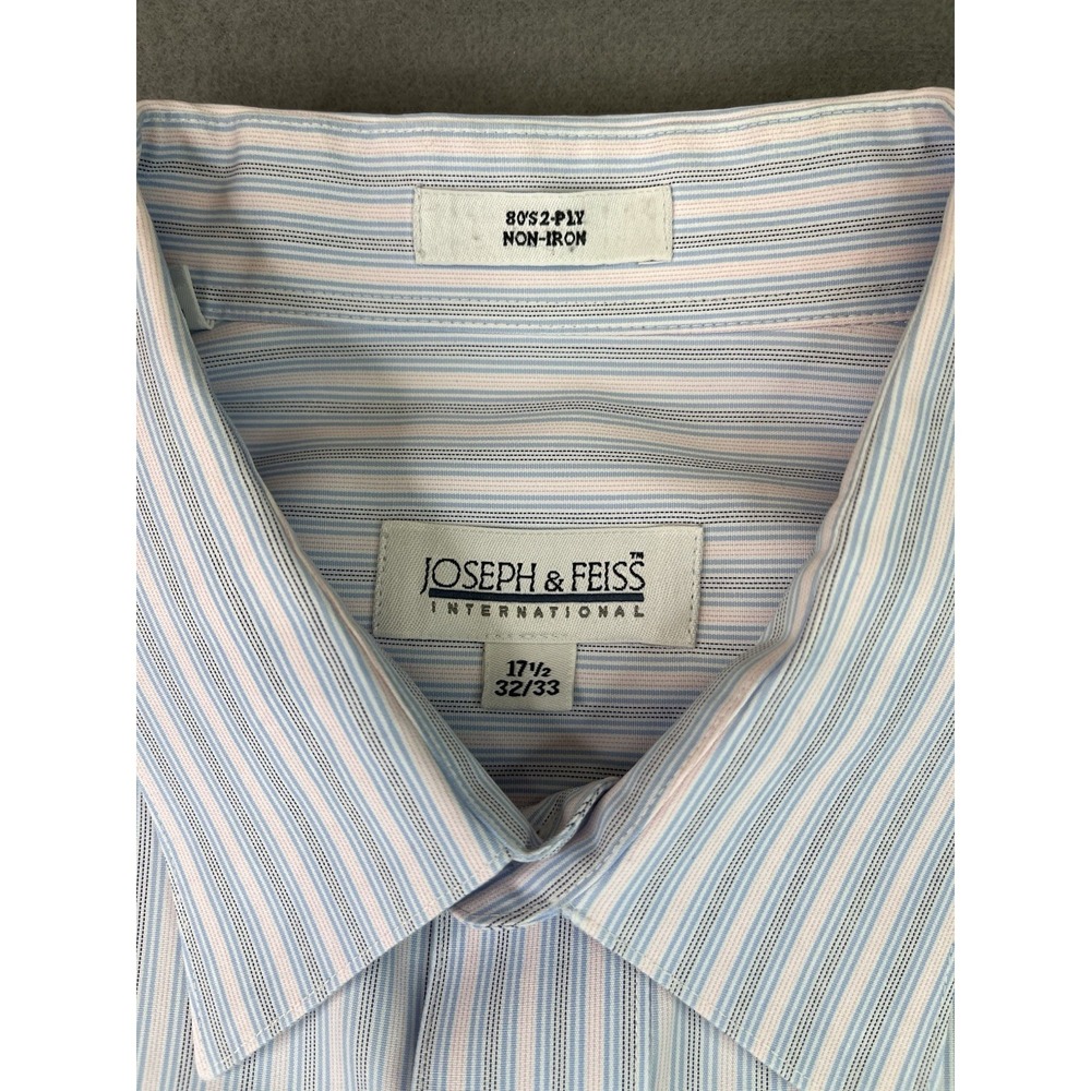 Men's Dress Shirt Size 17.5 32/33 Blue White Pink Stripe Joseph & Feiss, Intl.